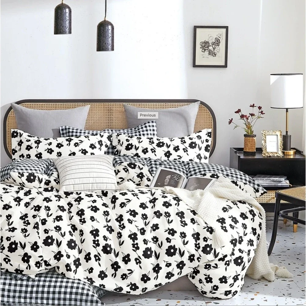 Hepburn‎ Black/White Floral 100% Cotton Reversible Comforter Set King Farmhouse
